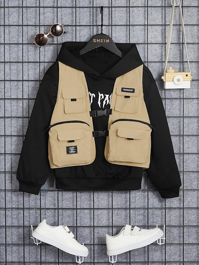 Verdusa Boy's Pocket Front Buckle Sleeveless Cargo Vest Jacket