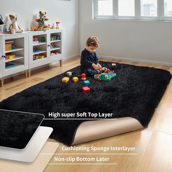 6x9 Thick Black Shag Rug for Bedroom, Soft Plush Fluffy Carpet | Black Area Rug for Living Room, Kids Nursery, Dorm Room, Washable Non Slip Soft Plush Shaggy Floor Carpet