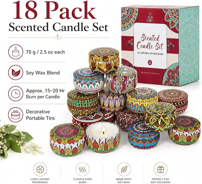 Scented Candles Gift Set, 18 Pack Soy Wax Blend Candles, 70 g Decorative Metal Candle Cans with Assorted Fragrances, Reusable Iron Candle Containers for Home, Bath, Spa, Yoga, Birthday Holiday Gifts