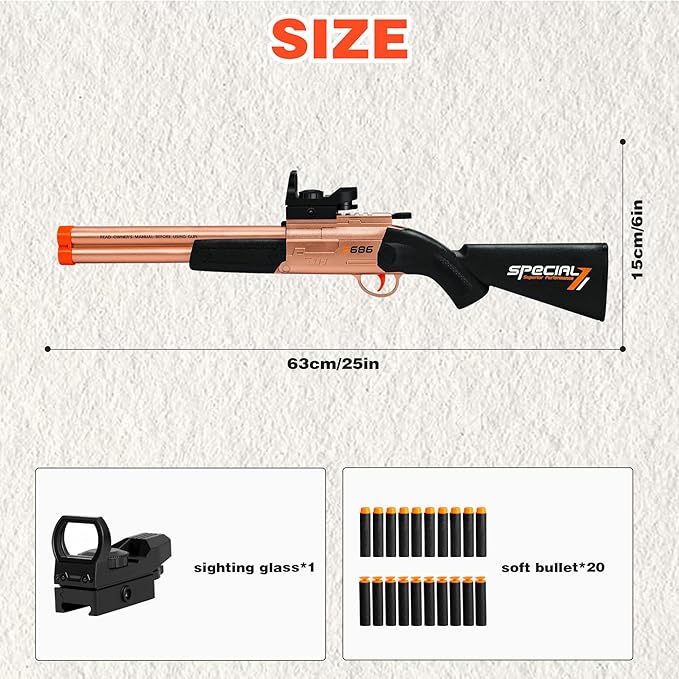 Toy Gun Double Barrel Shotgun Toy,with 20 Soft Bullet Darts, Toy Foam Blaster Foam Dart Blaster with Scope for Kids, Youth, Teen, Boys-Holiday for 8-12 Year (Gold)