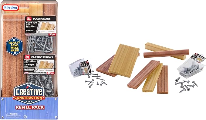 Little Tikes Creative Construction Wood, Nails, & Screws Bundle with 9 Refill Items, Pretend Play Construction Set, for Boys and Girls Ages 3+ Years