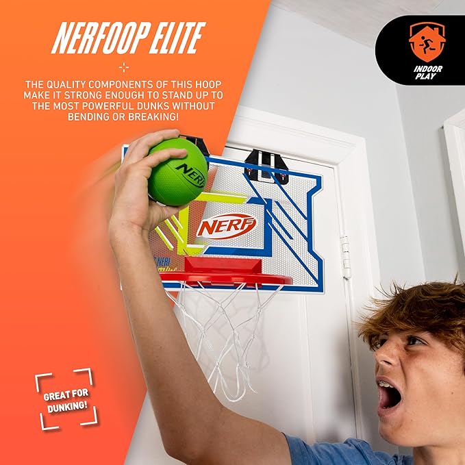 NERFOOP Elite Basketball Hoop Set - Over the Door Mini Hoop Set with NERF Foam Basketball - Perfect Bedroom + Office Accessory - Includes Foam Ball