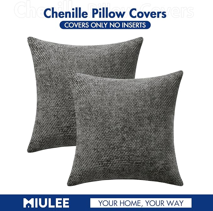 MIULEE Decorative Couch Throw Pillow Covers 18x18 Inch Dark Gray 2 Pack | Modern Boho Accent, Soft Chenille Pillow Covers, Farmhouse Cushion Cases for Home Decor Bed Sofa Living Room