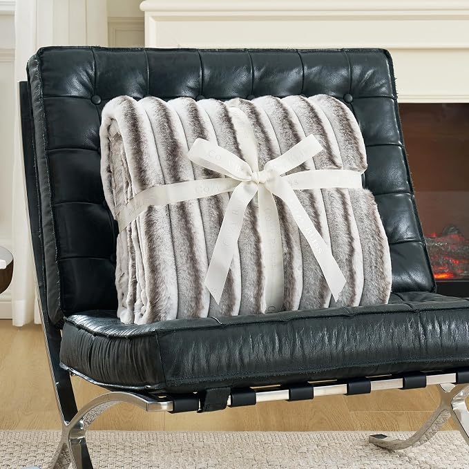 Cozy Bliss Faux Fur Throw Blanket for Couch, Cozy Warm Plush Striped Blanket for Sofa Bedroom Living Room,60 * 80 Inches Grey
