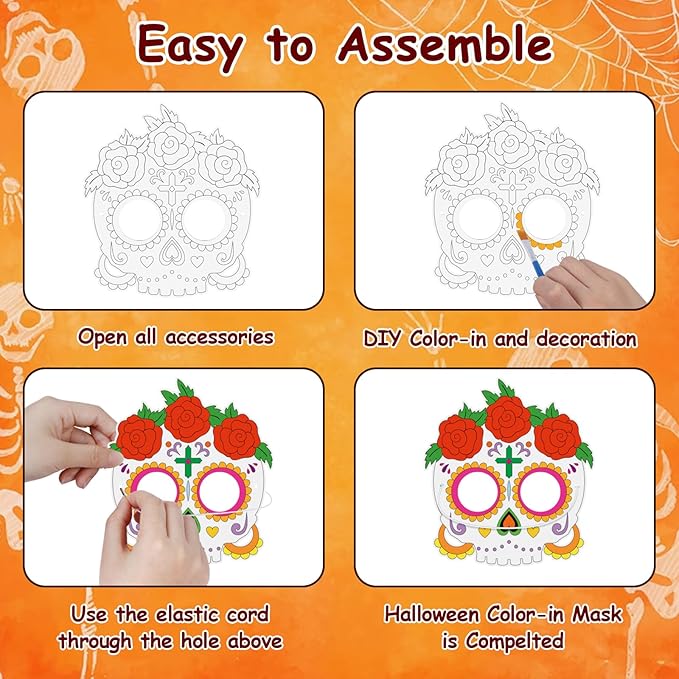 24 Pcs Day of The Dead Crafts for Kids DIY Halloween Mask Crafts Color Your Own Skull Masks Dia de Los Muertos Party Games for Boys Girls Toys Cosplay Dress Up