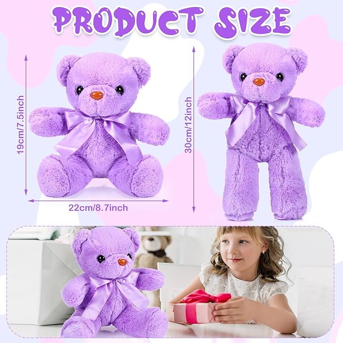 Aoriher 6 Pcs Bear Stuffed Animal Bulk Baby Shower Bear Plush Toys Soft Cute Sleeping and Playing Decorations for Kids Back to School Gift Baby Shower Birthday Party Favor(Purple)