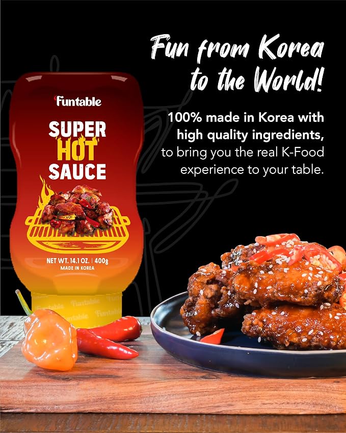 Funtable Super Hot Sauce - Spicy Korean Chicken Condiment, 13.4 oz | Fiery, Tangy Flavor for Wings, Nuggets, Fries, Burgers and BBQ; Ready-to-Use Dip, Marinade or Cooking Glaze