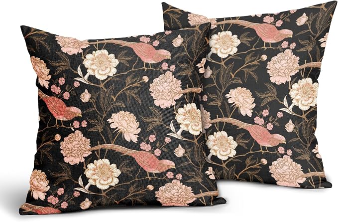 Pink White Roses Floral Pillow Covers 18X18 Inch Set of 2 Retro Flowers Birds Gold Leaf Decorative Pillow Cases Art Vintage Black Cotton Linen Cushion Case Home Decor For Sofa Couch Porch Outdoor