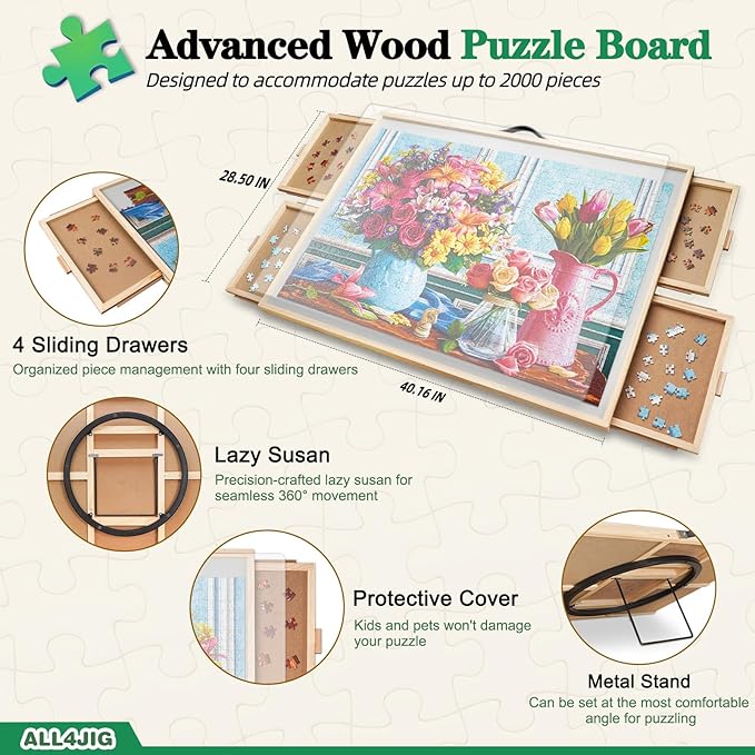 ALL4JIG 2000 Pieces 2-in-1 Tilting & Rotating Puzzle Board, 40.16" x 28.5"Adjustable Angle Puzzle Board with 4 Drawers & Clear Protective Cover, Birthday Gift for mom