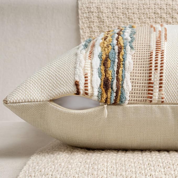 ANRODUO Decorative Boho Pillow Covers Orange White 20x20 Inch Pack of 2 | Throw Pillow Covers, Farmhouse Striped Pillow Covers, Chenille Tufted Pillow Cases, Neutral Pillowcase for Living Room Couch