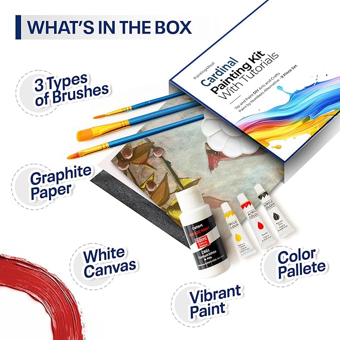 Painting4Real DIY Painting Class Kit for Adults with Video Tutorials: Learn to Paint Cardinal – How to Paint with Acrylics – Painting & Art Supplies – 9 Piece Acrylic Paint Set