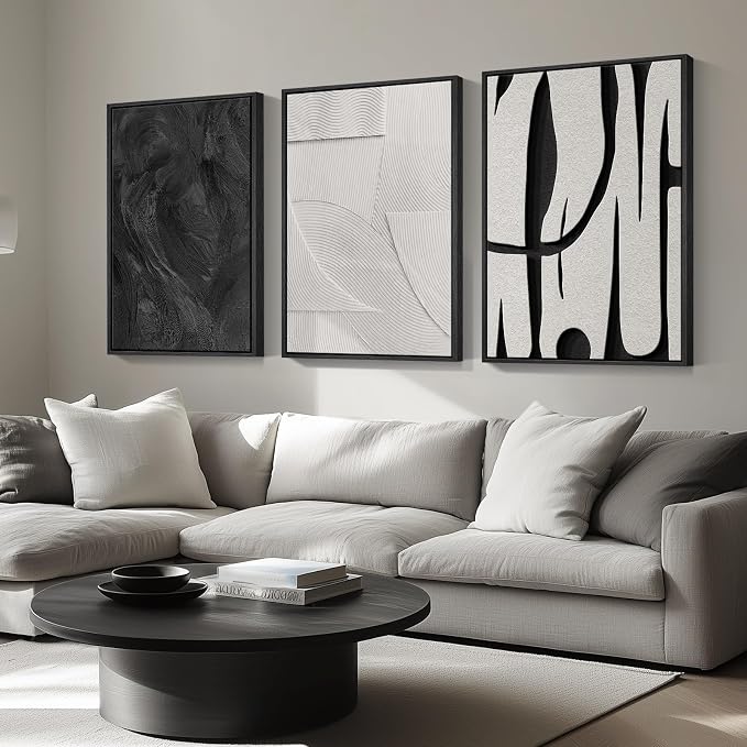 Large Framed Black and White Wall Art for Living Room, 3 Piece Abstract Canvas Prints Paintings, Modern Minimalist Artwork for Walls, Pictures Wall Decor for Office Dining Room Bedroom, 24x36 In
