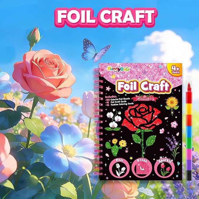 FUNNYB&G Foil Art Crafts for Kids Ages 4-8: Valentines Crafts for Kids 2026,Birthday Gift for Girls,Art and Crafts Supplies,Party Favors,Creative Toys for Girls Boys 4 5 6 7 8 9 Years Old (Flower)