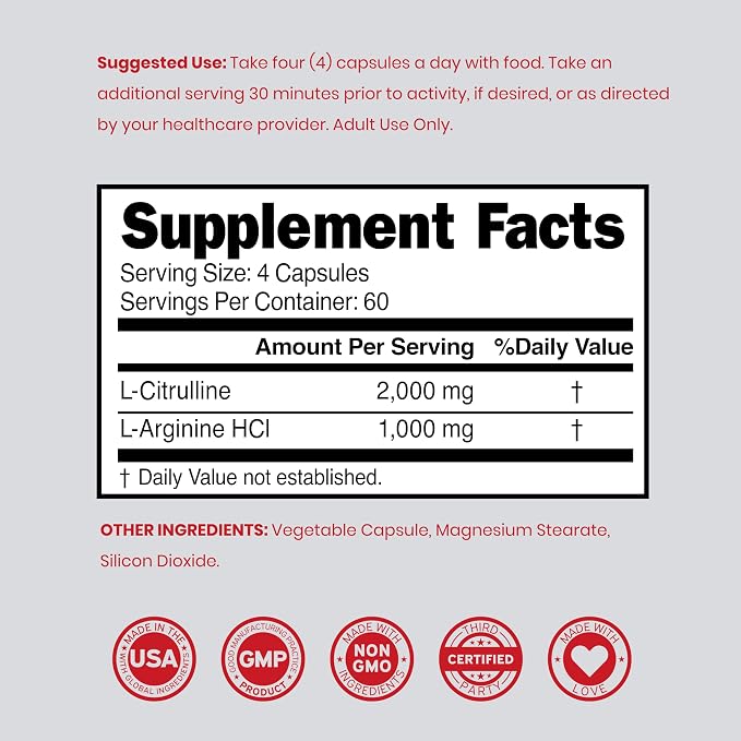 Nitric Oxide Supplement for Men (240 Count) L Arginine L Citrulline 3000mg - Stamina, Endurance, Performance for Workouts - NO Supplements for Men - Gluten Free, Non-GMO (240 Vegan Capsules)
