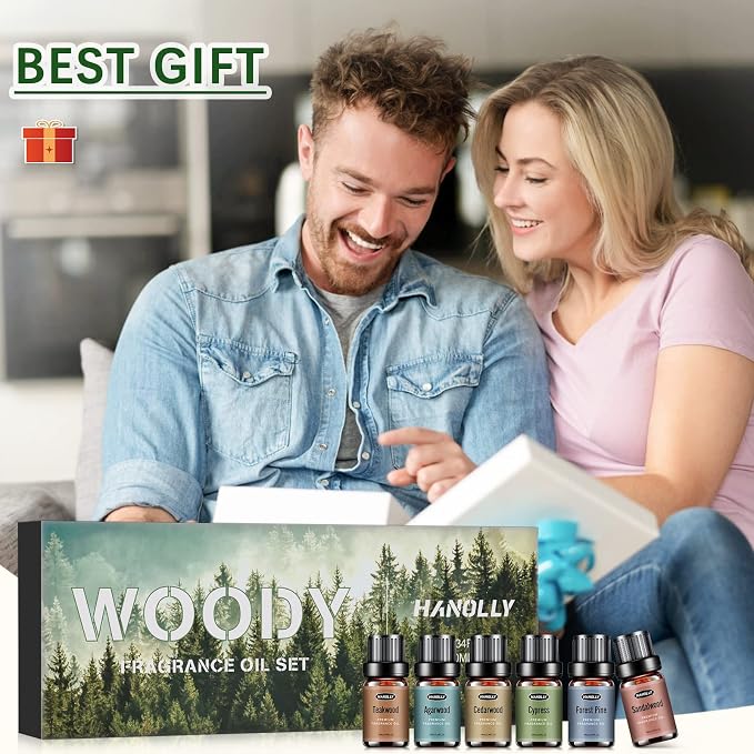 Woody Essential Oils Set, Woody Scents Fragrance Oil Aromatherapy Essential Oils Kit for Diffuser (6x10ML) - Sandalwood, Cedarwood, Teakwood, Agarwood, Cypress, Forest Pine Aromatherapy Oils