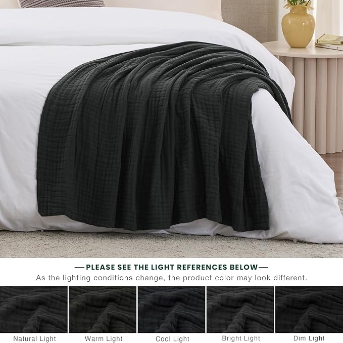 Love's cabin 100% Cotton Muslin Blanket, 6 Layer Lightweight Breathable Gauze Throw Blanket 50 x 60 Inches, Soft All Season Blanket for Couch, Bed, Sofa, Black