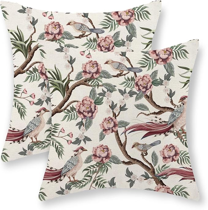 Chinoiserie Pillow Covers 18x18 Set of 2 Pink Green Bird Floral Throw Pillows Vintage Pink Flower Bird Decorative Pillow Cases Chinoiserie Decor Farmhouse Outdoor Cushion Case for Couch Sofa