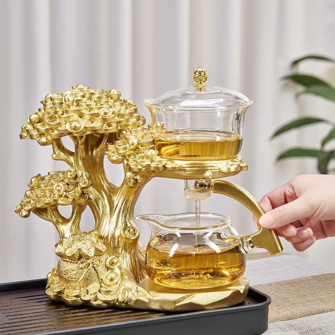Zurucily Glass Teapot Set with Infuser Semi Automatic Tea Set Magic Teapot (Tree - golden)