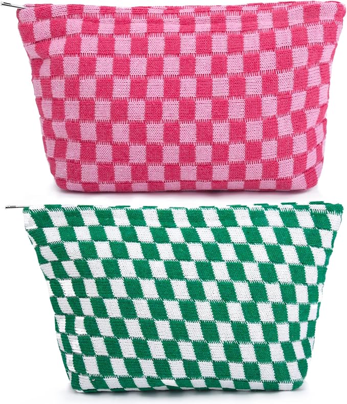 SOIDRAM 2 Pieces Makeup Bag Large Checkered Cosmetic Bag Capacity Canvas Travel Toiletry Bag Organizer Cute Makeup Brushes Aesthetic Accessories Storage Bag for Women, Checkered L Green Rose red