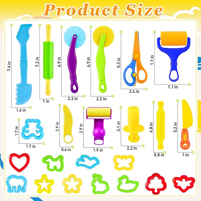 iShyan Dough Tools Play Set for Kids,30 pcs Basic Dough Play Toys with Animal Cutters, Roller, Rolling Pins, Safety Scissors, Plastic Knife,Character Accessories