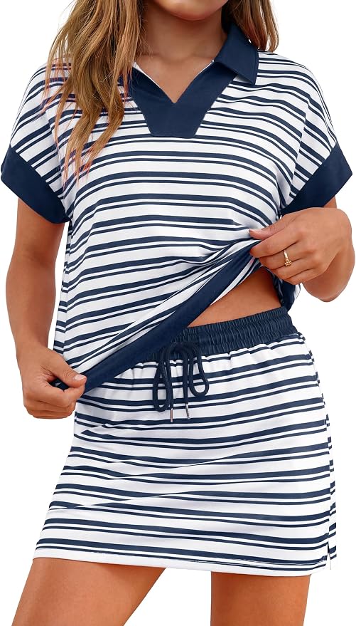 Womens Striped 2 Piece Outfits Skirt Set Summer Casual Short Sleeve Polo Skort Workout Set Matching Lounge Sets