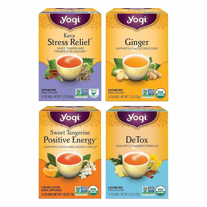 Yogi Tea Well-Being Variety Pack - 16 Bags per Pack (4 Packs) - Black & Herbal Sampler - Caffeine & Caffeine Free - Kava Stress Relief, Ginger, Sweet Tangerine Positive Energy & DeTox