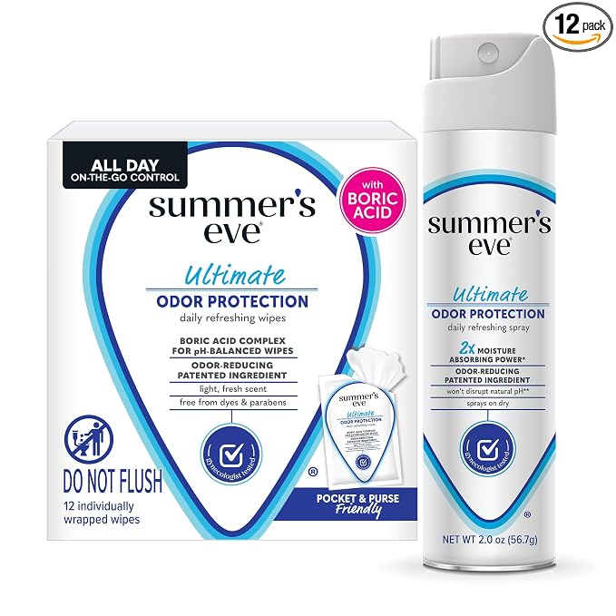 Summer's Eve Ultimate Odor Control Feminine Spray, 2 oz & Wipes with Boric Acid, 12 ct