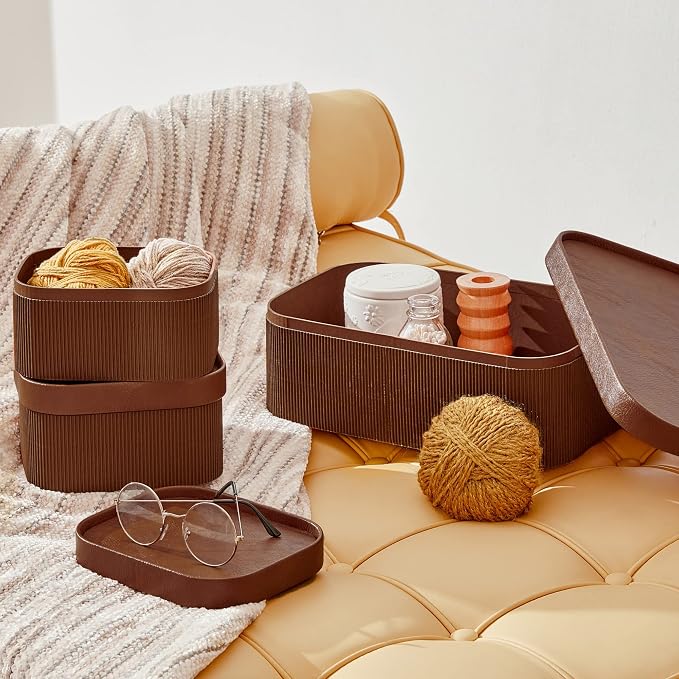 LA JOLIE MUSE Decorative Storage Boxes with Lids Faux Leather, Brown 3 Pack | Vegan Leather Lids, Fluted Cardboard Storage Basket, Organizer for Jewelry, Shelves, Bedroom & Closet Storage Memory Box