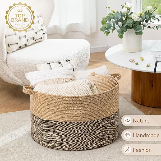 INDRESSME XXXLarge Woven Wicker Blanket Basket Living Room Black Jute, 90L | Wicker baskets for organizing shoe, dog toys & pillows. For living room bedroom or nursery decor. soft-touch with handles