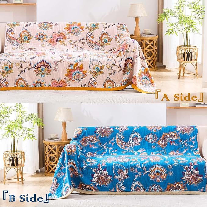 XIBLC Boho Throw Blanket for Bed, 100% Cotton Soft Rustic Quilt Fall Blanket, 90"x98" Floral Printed Farmhouse Decor Bed Blankets, All Season Rustic Reversible Bohemian Throw Quilt