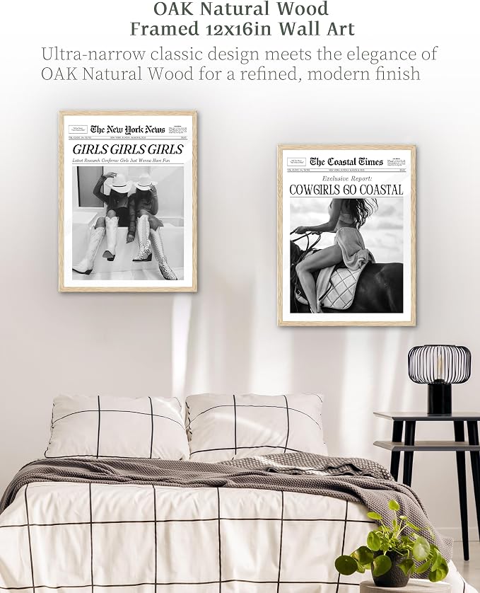 iHery 12x16in Cowgirls Go Coastal Framed Newspaper Wall Art | Natural OAK Wood Frame with Canvas Print, Western Horseback Decor for Bedroom, Dorm, Living Room and Gallery Wall, 1Pack
