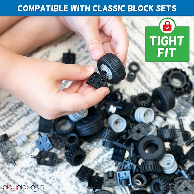 Play Platoon 144 Piece Wheels and Axles Sets, Building Bricks Car Parts and Pieces Kit - Car Building Set with Wheels, Axles & Windshields