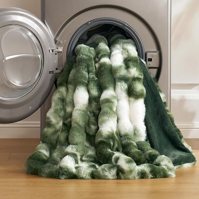 Cozy Bliss Faux Fur Throw for Couch, Fuzzy Soft Plush Thick Bubble Blanket for Sofa Bedroom Living Room, 60x80 Inches Tie-dye Olive Green