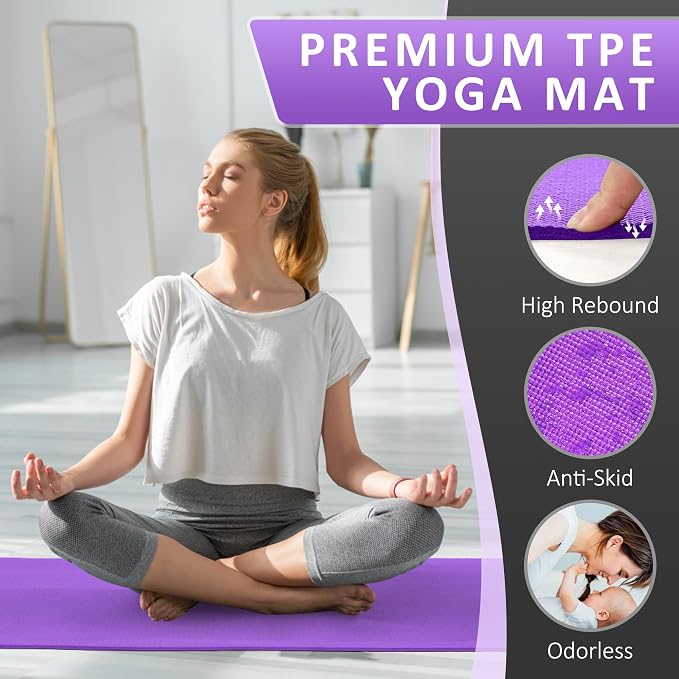 Signature Fitness All Purpose 0.25 Inch Thick High Density No Tear Exercise Yoga Mat w/Strap & Lightweight Features for Indoor & Outdoor Use, Purple