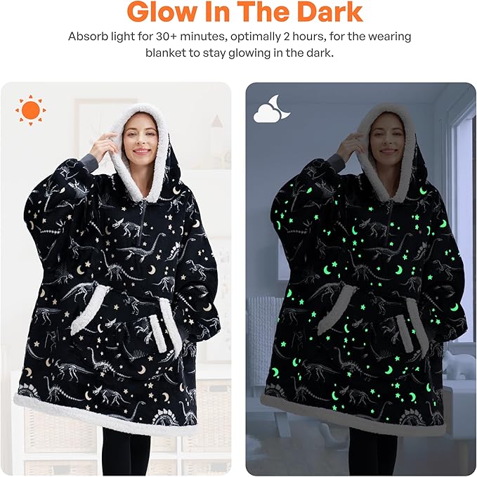 Giggling Getup Wearable Blanket Hoodie for Adults Gifts for Teen Girls Sister Women Sherpa Fleece Printed Hooded Blanket Sweatshirt Warm Cozy with Pocket & Sleeves Black Glowing Dinosaur