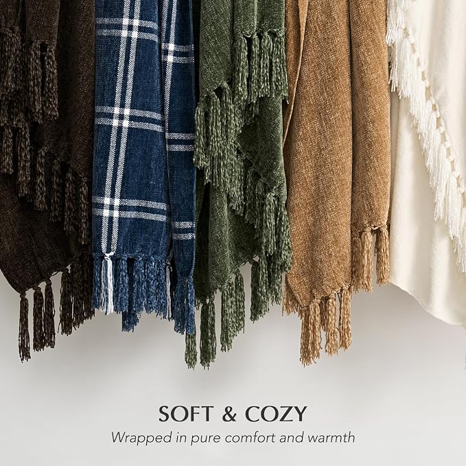 Plaid Chenille Knit Throw Blanket, 60"x80", Navy & White | Soft Knitted Throw with Tassels, Cozy, Lightweight, Windowpane Grid Plaid, Decorative Farmhouse Throw for Couch Bed Sofa Gift