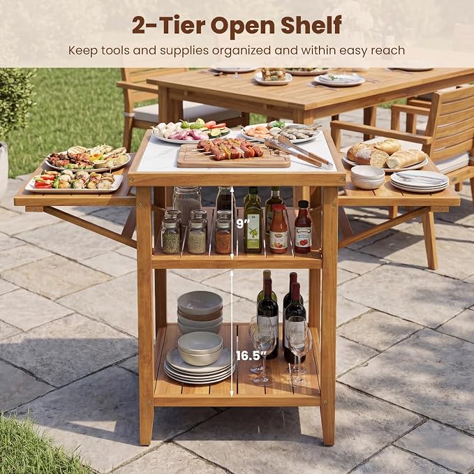 HAPPYGRILL Outdoor Wood Grill Table w/Faux Marble Top, 2-Tier Open Shelves | Outside Kitchen Island & BBQ Prep Table w/Drop-Leaf Side Panels, Acacia Wood Pizza Oven Grill Cart for Patio Backyard Party