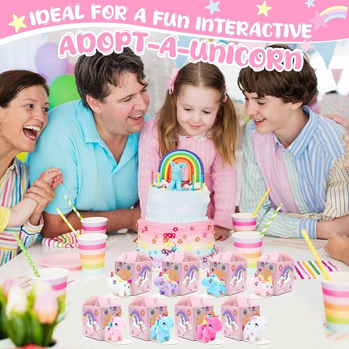 84 Pcs Adopt a Pet Party Favors 24 Mini Plush Stuffed Animals 10 White Plastic Fence 24 Paper Gift Boxes 24 Adoption Cards with Mini Chalkboard and Artificial Lawn(Unicorn)