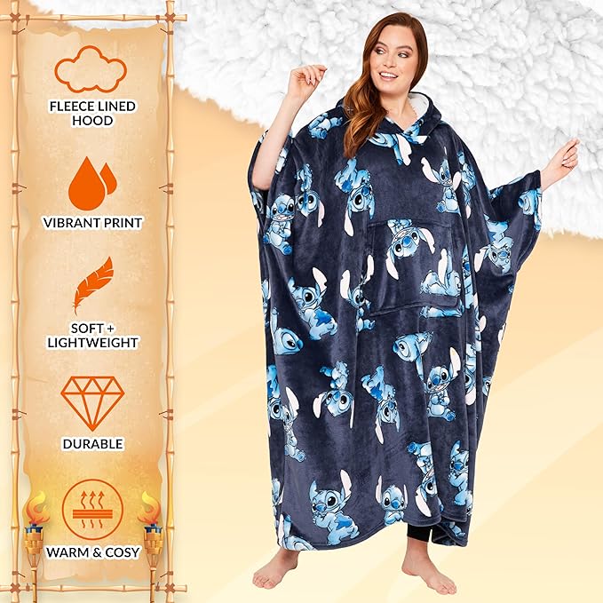 Disney Stitch Blanket Hoodie for Women and Teenagers - Cosy Oversized Fleece Poncho One Size Sherpa Hood - Stitch Gifts Navy