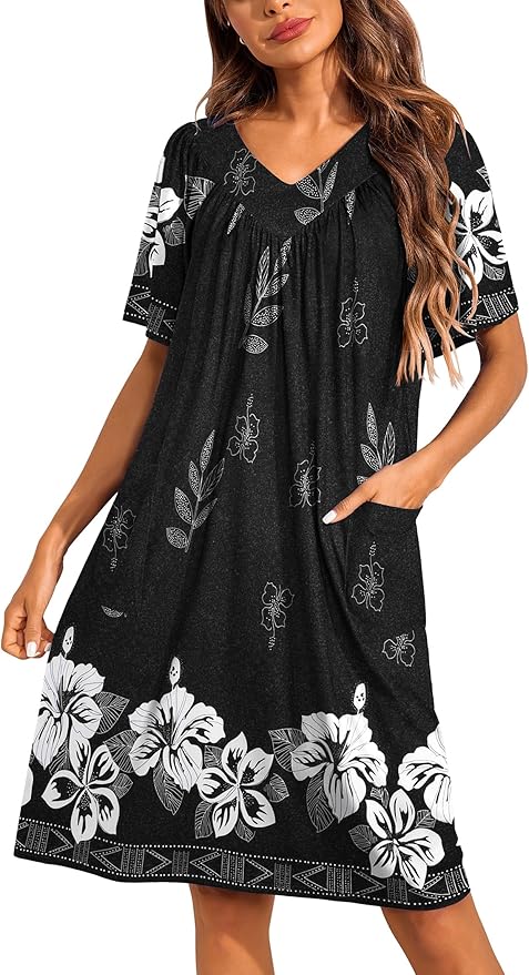 Ekouaer Womens House Dress Floral Print Nightgown with Pockets Mumu Dress