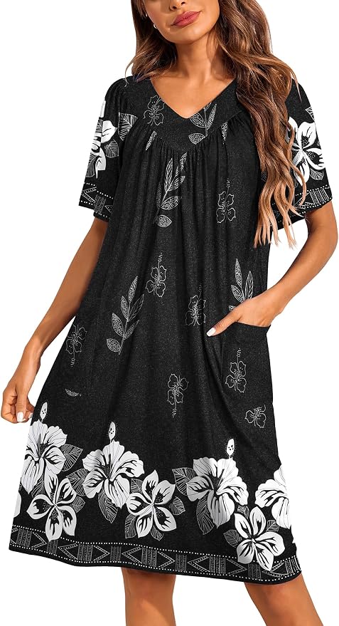 Ekouaer Womens House Dress Floral Print Nightgown with Pockets Mumu Dress