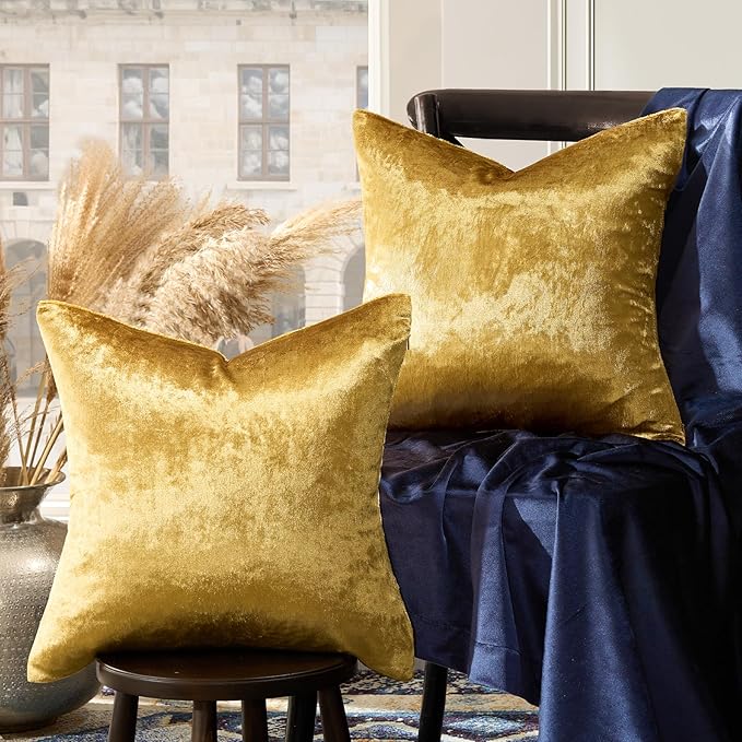 GIGIZAZA Gold Velvet Pillow Covers 18x18 Decorative Pillows Pack of 2 | Throw Pillows for Couch Sofa,300gsm Soft Textured Fabric,Modern Square Accent Pillowcases,Luxury Cushion Covers