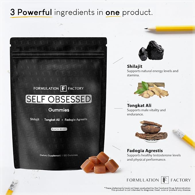 Self Obsessed Shilajit Gummies for Men, Tongkat Ali + Fadogia Agrestis Supplement, Energy, Strength, Drive & Vitality Support, Natural Masculinity Formula (4 Month Supply – 240 Count, Pack of 2)