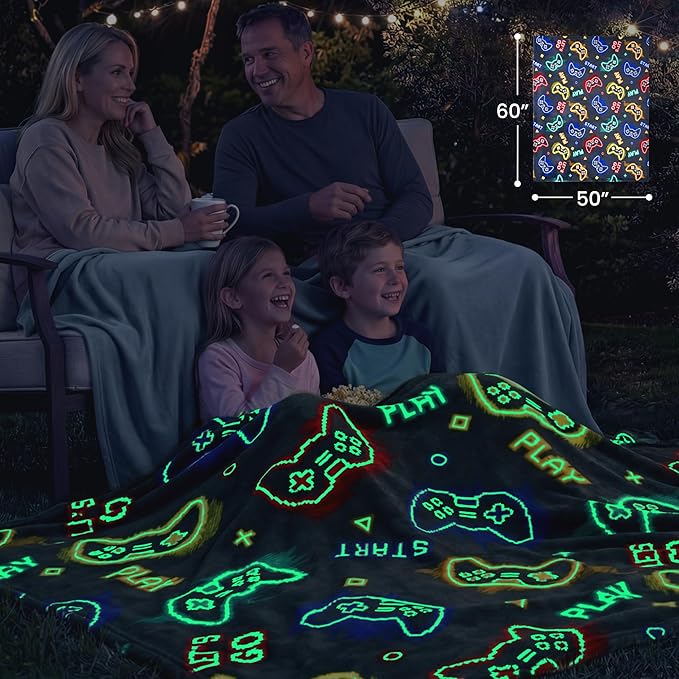 Joiedomi Glow in The Dark Gaming Blanket Gamer Gifts for Boys Age 2 3 4 5 6 7 8 9 10 11 12 Year Old, Soft Cozy Flannel Kids Throw Blanket, Birthday Bedroom Decor Grey 50"×60"