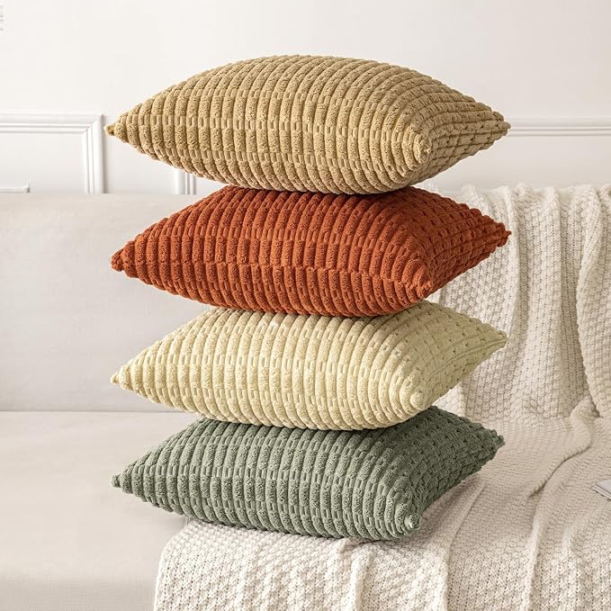 MIULEE Corduroy Decorative Throw Pillow Covers 20x20 Light Olive Pack of 2 | Green Soft Boho Striped Pillow Covers Modern Farmhouse Home Decor For Sofa Living Room Couch Bed