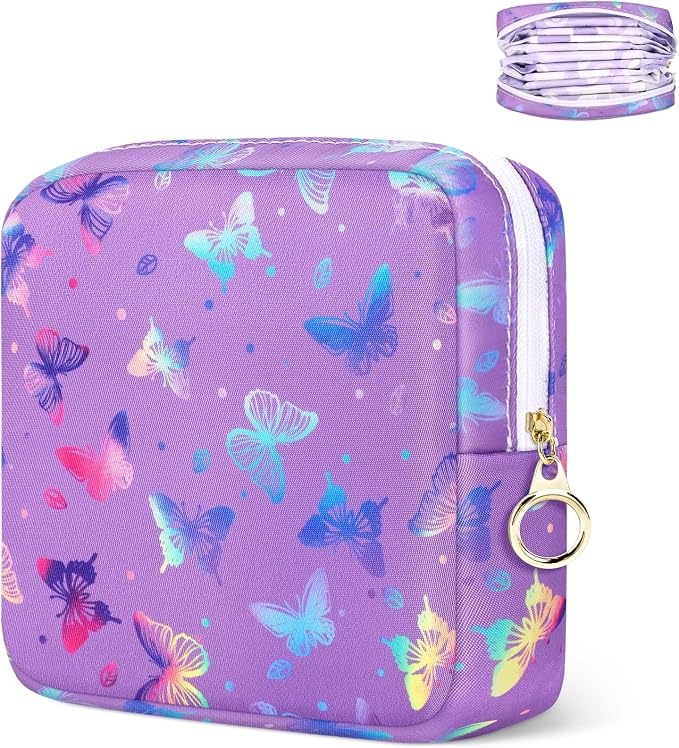 Likesing Period Bag Pouch, Canvas Sanitary Napkin Storage Bag for Girls Womens, Portable Sanitary Napkin Period Pad Pouch Bag for Purse, Small Make Up Bags(Purple Butterfly)