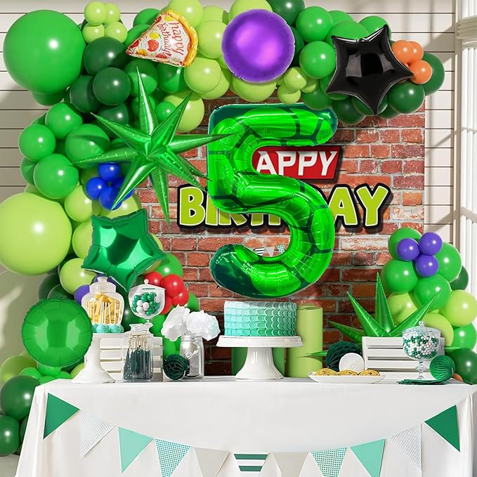 11Pcs Cartoon Turtle Theme Birthday Decorations 40 Inch Number 5 Foil Balloons Super Green Turtle Themed Hero Large Mylar 5th Number Balloon Video Game Pizza Balloons Party Favors Red