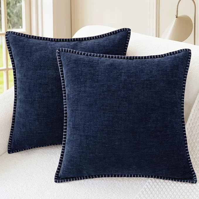CaliTime Decorative Couch Throw Pillow Covers 18 X 18 Inches Navy Blue | Pack of 2, Cozy Chenille Cushion Cases, Cotton Thread Stitching Edges, for Sofa Bed Living Room Farmhouse