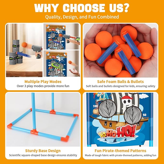Shooting Games Toy for Age 5 6 7 8 9 10+ Boys Kids Sports & Outdoor Play Toys with Player Air Guns, Shooting Target, 24 Foam Balls, Foam Darts, Oil-Tank Targets, Flying Discs Gifts for Boys
