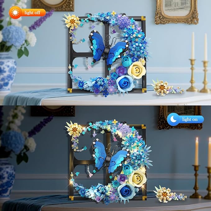 Moon Flower Building Set with Lights, 1141 PCS Wall Botanical Flowers Building Block Kit with Butterfly, Floral Plant Collection Office Home Decor, Gift for Her Adults Women Boys Girls 12+
